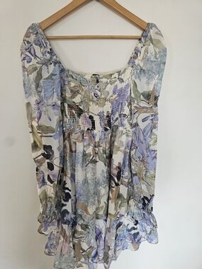 & Other Stories Floral Smocked Tunic Top - Lavender, Sage & Cream